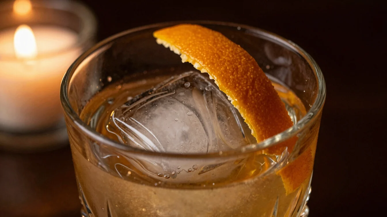 Close-up of an Old Fashioned cocktail in a crystal glass, large h