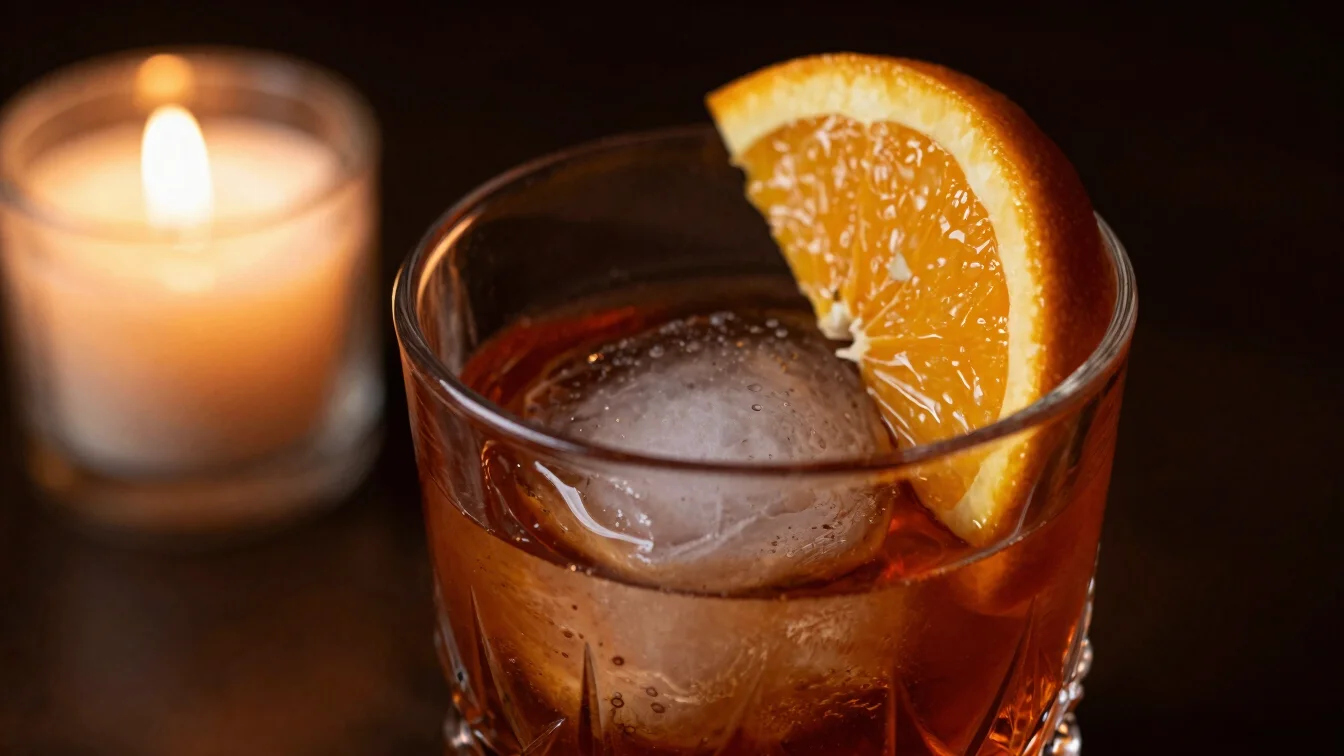 Close-up of a Negroni cocktail in a crystal tumbler, large ice cu