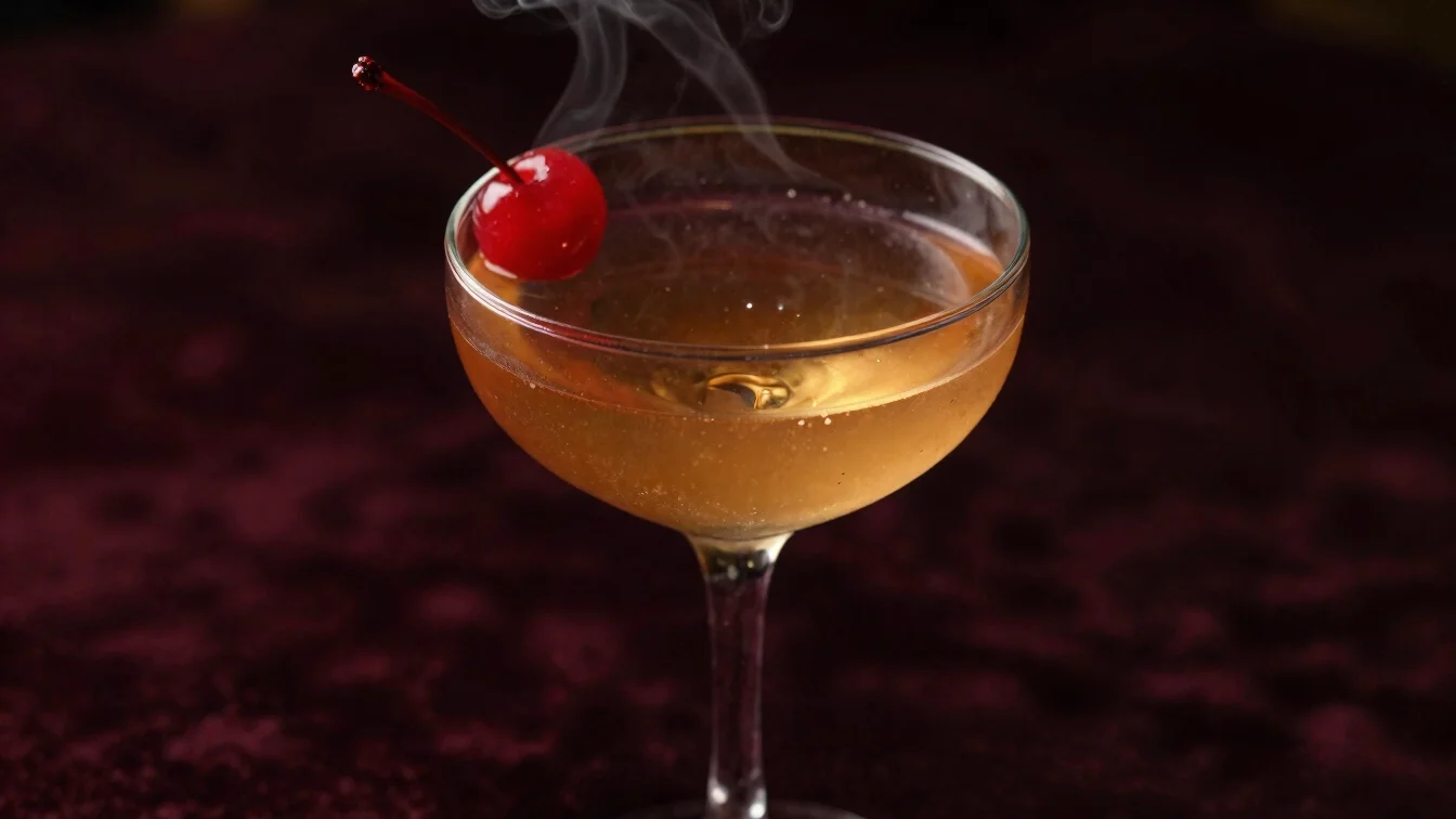 Close-up of a Smoked Manhattan cocktail in a coupe glass, cherry