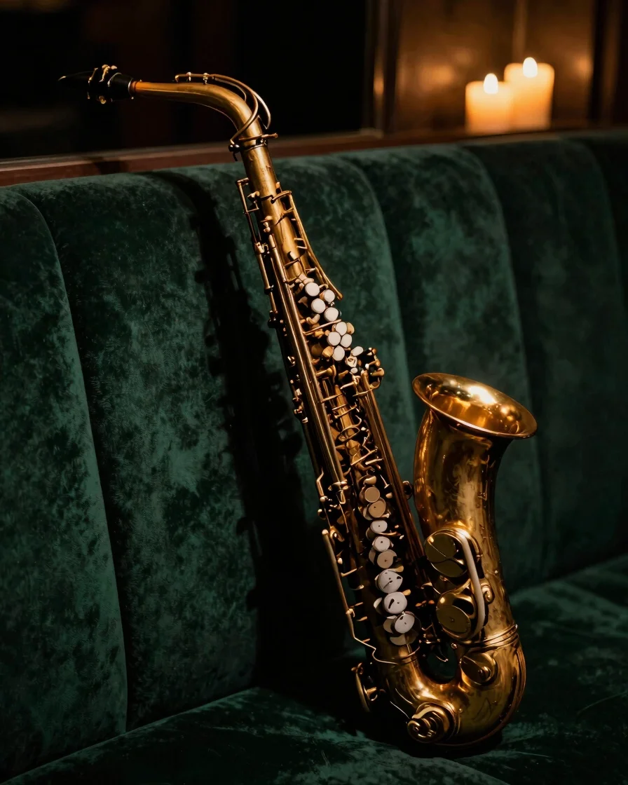 Low-key atmospheric photograph of a vintage jazz saxophone resting against dark emerald velvet upholstery, warm tungsten